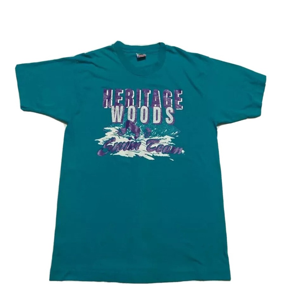 Mens T Shirt L Heritage Woods Swim‎ Team Fruit Of The Loom Graphic Green VTG